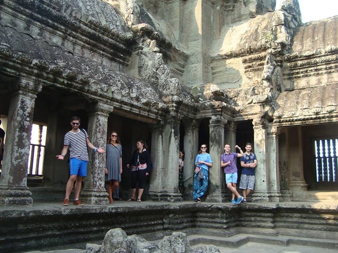 volunteers at the temple in cambodia on orientation week