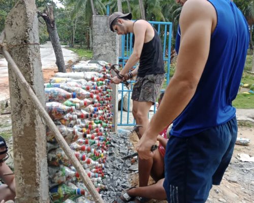 Building eco-bricks wall