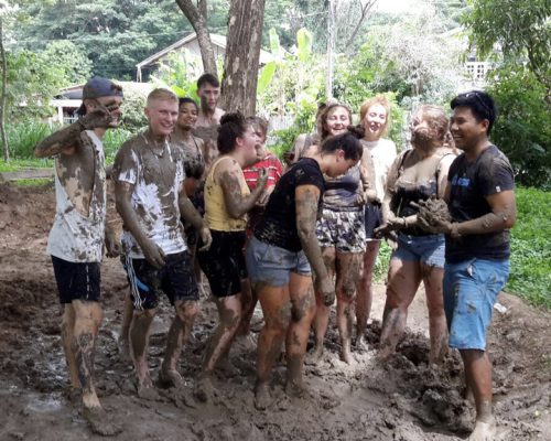 Mixing mud with feet