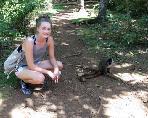 sitting next to a lemur